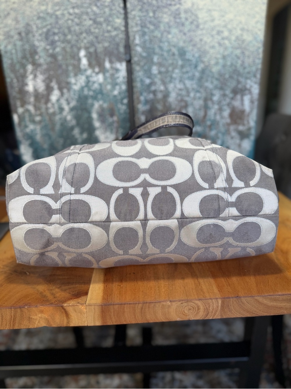 Coach Y2K Glam 2010 Poppy Op Art Tote Gray Silver Navy Patent Leather Fair - Picture 10 of 15